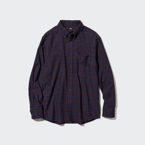 Burgundy Men Uniqlo Flannel Checked Long-Sleeve Shirts | 2580-EWAFT