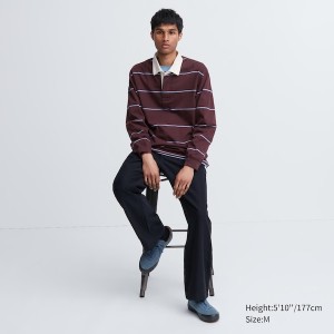 Burgundy Men Uniqlo Rugger Long-Sleeve Polo Shirt | 7201-XVRTJ