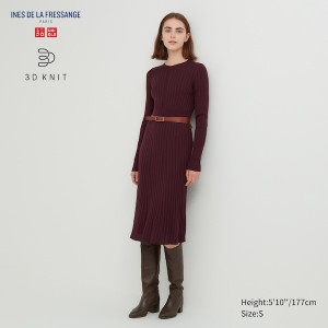 Burgundy Women Uniqlo 3D Knit Ribbed Crew Neck Long-Sleeve Dress | 6389-MUXGH