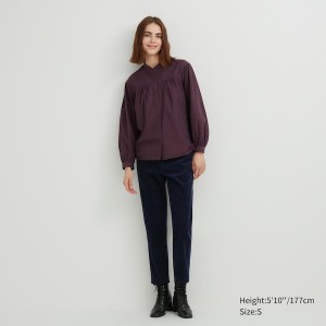 Burgundy Women Uniqlo Volume Checked Long-Sleeve Shirts | 7501-XABON