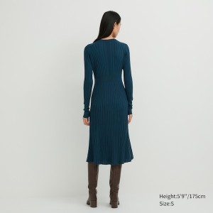 Dark Blue Women Uniqlo 3D Knit Ribbed Crew Neck Long-Sleeve Dress | 2198-IEXKF