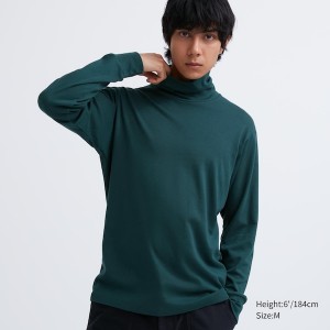 Dark Green Men Uniqlo Brushed Cotton Turtleneck Long-Sleeve T Shirts | 4536-LNUMI