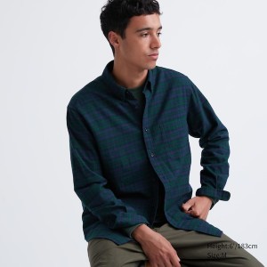 Dark Green Men Uniqlo Flannel Checked Long-Sleeve Shirts | 6102-ZAVJS