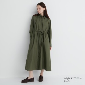 Dark Green Women Uniqlo Cotton Long-Sleeve Long Shirt Dress | 5064-TJBHV