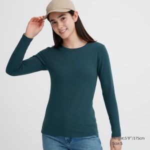 Dark Green Women Uniqlo HEATTECH Cotton Crew Neck Long-Sleeve T Shirts | 7125-JYEAV