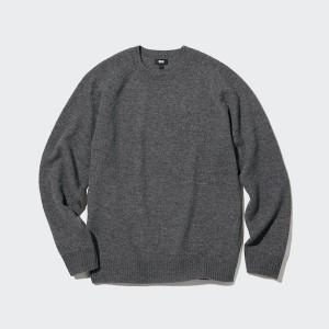 Dark Grey Men Uniqlo Premium Lambswool Crew Neck Long Sleeve Sweaters | 3852-ZBQOP