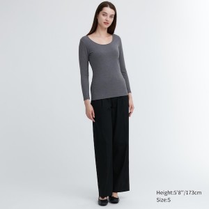 Dark Grey Women Uniqlo HEATTECH Cotton Scoop Neck Long-Sleeve T Shirts | 0792-XGZRN