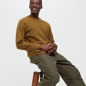 Deep Yellow Men Uniqlo Brushed Cotton Crew Neck Long-Sleeve T Shirts | 9460-WLZCQ