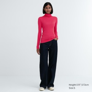 Fuchsia Women Uniqlo HEATTECH Extra Warm Seamless Ribbed Turtleneck Long-Sleeve T Shirts | 8762-ZXSEY