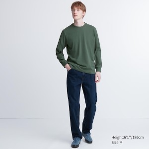 Green Men Uniqlo AIRism Cotton UV Protection Crew Neck Long-Sleeve T Shirts | 9750-HOBFV