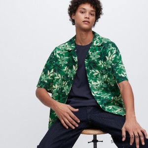 Green Men Uniqlo Open Collar Short-Sleeve Shirts | 2587-GOIPJ