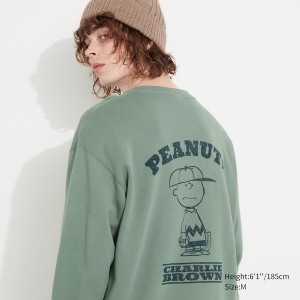 Green Men Uniqlo PEANUTS Charlie Brown's Baseball Team Long-Sleeve Sweatshirts | 8103-FHIMP