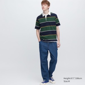 Green Men Uniqlo Rugger Striped Short Sleeve Polo Shirt | 6013-QHWFM