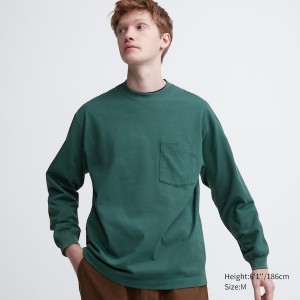 Green Men Uniqlo Washed Cotton Crew Neck Long-Sleeve T Shirts | 3486-FHCPB