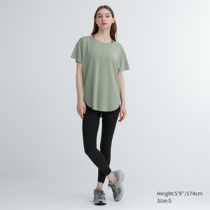 Green Women Uniqlo AIRism Seamless Boat Neck Short-Sleeve Long T Shirts | 6215-QWKXL