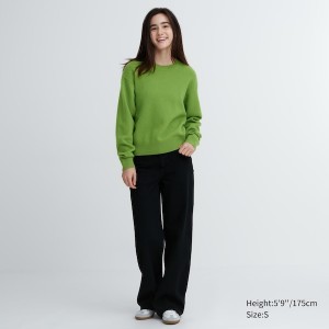 Green Women Uniqlo Premium Lambswool Crew Neck Long-Sleeve Sweaters | 5720-QTNGB