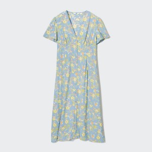 Green Women Uniqlo Printed V-Neck Short-Sleeve Flare Dress | 5349-CIFQV