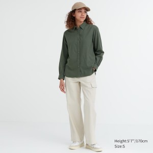 Green Women Uniqlo Soft Brushed Long-Sleeve Shirts | 0842-VGDCX