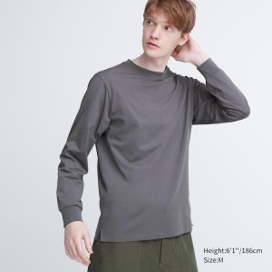 Grey Men Uniqlo AIRism Cotton UV Protection Crew Neck Long-Sleeve T Shirts | 5182-EHUOW