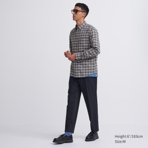 Grey Men Uniqlo Flannel Checked Long-Sleeve Shirts | 4578-DLZGX