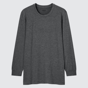 Grey Men Uniqlo HEATTECH Crew Neck Long-Sleeve T Shirts | 1639-BSHZY