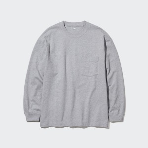 Grey Men Uniqlo Washed Cotton Crew Neck Long-Sleeve T Shirts | 7846-ZORFC