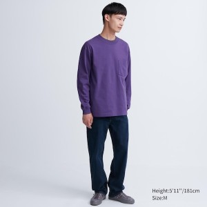 Grey Men Uniqlo Washed Cotton Crew Neck Long-Sleeve T Shirts | 3089-ILNOH