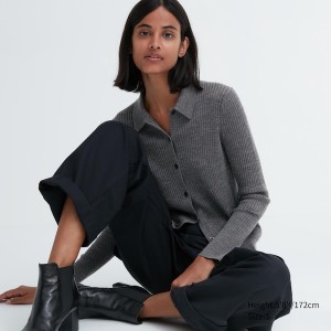 Grey Women Uniqlo Extra Fine Merino Ribbed Polo Cardigan | 1384-TIBUW