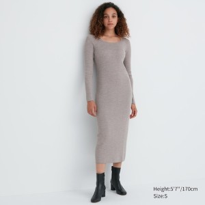 Grey Women Uniqlo Merino Blend Fitted U Neck Long Sleeve Dress | 3184-ZANFG