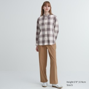 Grey Women Uniqlo Soft Brushed Checked Long-Sleeve Shirts | 1843-EVLIG