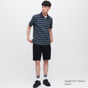 Navy Men Uniqlo Dry Pique Striped Short-Sleeve Polo Shirt | 7451-DYZIT