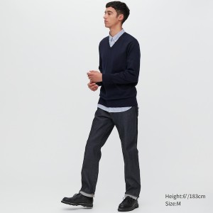 Navy Men Uniqlo Extra Fine Merino V-Neck Sweaters | 8045-QAZTX