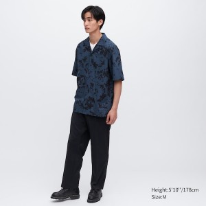 Navy Men Uniqlo Open Collar Short-Sleeve Shirts | 2183-TCOXK