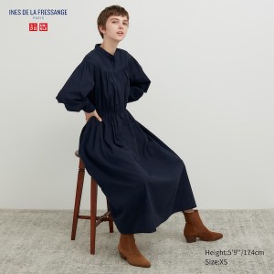 Navy Women Uniqlo Cotton Twill Volume Sleeve Long Dress | 0958-BIMTV