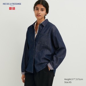 Navy Women Uniqlo Denim Long-Sleeve Shirts | 0592-LDWEA