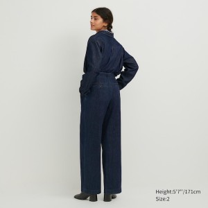 Navy Women Uniqlo Denim Wide-Fit Pleated Pants | 3506-LVPSB