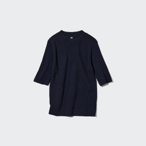 Navy Women Uniqlo Extra Fine Merino Ribbed Half-Sleeve Short Sweaters | 3269-VSYKN