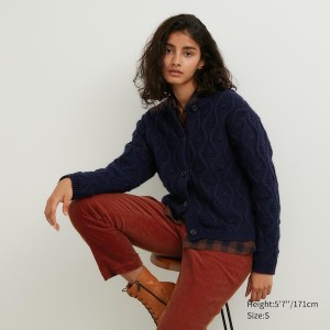 Navy Women Uniqlo Pointelle Crew Neck Long-Sleeve Cardigan | 2683-UGEDJ