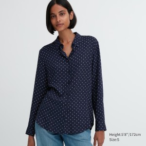 Navy Women Uniqlo Rayon Printed Long-Sleeve Shirts | 3685-RJFLC