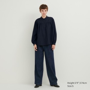 Navy Women Uniqlo Volume Long Sleeve Shirts | 3201-TOACK