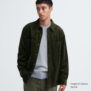 Olive Men Uniqlo Corduroy Work Long-Sleeve Shirts | 1734-RIHNX