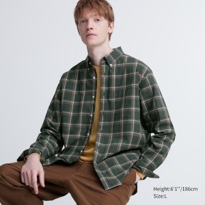 Olive Men Uniqlo Extra Fine Cotton Broadcloth Checked Long-Sleeve Shirts | 5149-KHWJO