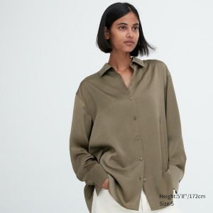 Olive Women Uniqlo Satin Long-Sleeve Shirts | 0926-XUGEO