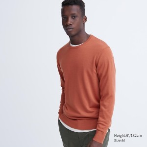 Orange Men Uniqlo Extra Fine Merino Crew Neck Sweaters | 9387-UTSZI