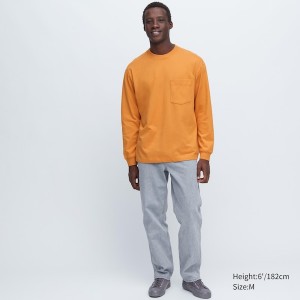 Orange Men Uniqlo Washed Cotton Crew Neck Long-Sleeve T Shirts | 6349-TFLSX