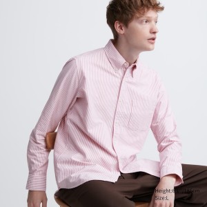 Pink Men Uniqlo Oxford Striped Slim Fit Long-Sleeve Shirts | 4091-UWLYI