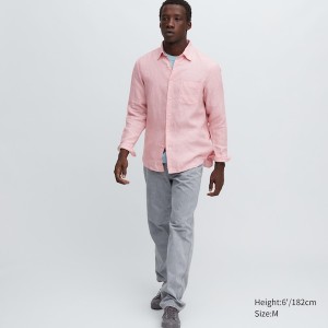 Pink Men Uniqlo Premium Linen Long-Sleeve Shirts | 2193-XIESZ