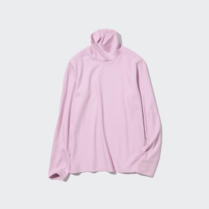 Pink Women Uniqlo Smooth Stretch Cotton Turtleneck Long-Sleeve T Shirts | 2367-FXTVI