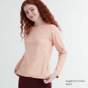 Pink Women Uniqlo Smooth Stretch Cotton Crew Neck Long-Sleeve T Shirts | 0735-RTUXE