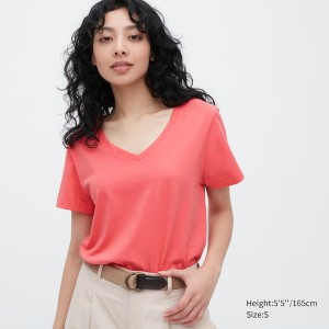 Pink Women Uniqlo Supima® Cotton V-Neck Short-Sleeve T Shirts | 2819-TJFZP